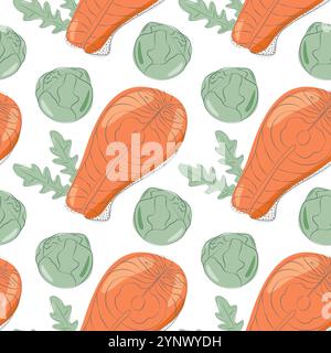Steaks de saumon, têtes de choux de bruxelles et feuilles de roquette Seamless Pattern Healthy Eating Background. Illustration vectorielle isolée papier peint, promo web ou carte, étiquette, étiquette ou toile de fond Illustration de Vecteur