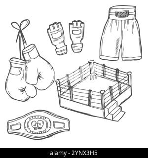 Doodle vector set : équipements et objets de sport de boxe tels que débardeur, coffre, équipement de combat, gants, ceinture, sac de vitesse, etc Illustration de Vecteur