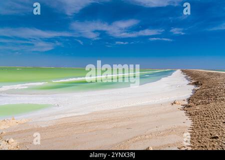 Eau salée et émeraude du lac Qarhan ou Chaerhan autour de la ville de Golmud, Qinghai, Chine. Copier l'espace pour le texte Banque D'Images