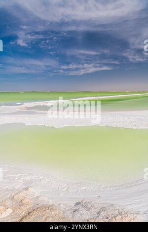 Gros plan sur l'eau salée et émeraude du lac Qarhan ou Chaerhan autour de la ville de Golmud, Qinghai, Chine, fond avec espace de copie pour le texte Banque D'Images