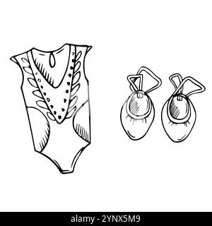 Ensemble d'équipement de gymnastique rythmique à effet de coolé vectoriel. Dessin au trait Corde à sauter, vêtements de sport, clubs, demi-chaussures illustrations Illustration de Vecteur