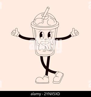 Groovy Coffee Character montre les pouces vers le haut et avec la paille à boire. Mascotte vintage dans le style doodle. Isolé sur un fond de pêche. Illustration de Vecteur