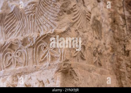 Relief végétal, feuille d'acanthe, temple pré-roman de Santa María de Wamba, Xe siècle, région des Montes Torozos, Valladolid, Castille-et-Léon, Espagne Banque D'Images