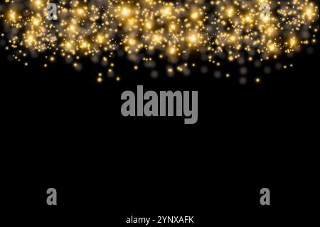 Effet étincelant. Texture abstraite festive de noël, particules de bokeh dorées et reflets sur fond sombre. Photo de haute qualité Banque D'Images