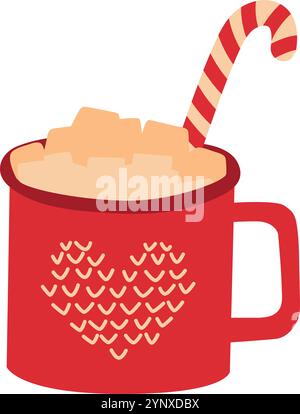Un mug rouge avec un motif coeur dessus et une canne rayée rouge et blanche Illustration de Vecteur
