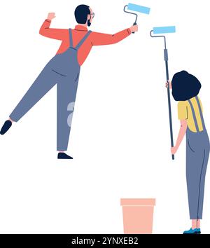 Deux personnes peignent un mur, l'une d'elles porte une chemise jaune Illustration de Vecteur