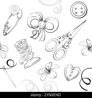 Outils de couture avec des fleurs, fond transparent. Ciseaux, aiguilles, boutons, épingles, bobine de fil. Artisanat dans un style rétro. Vintage romantique vieux Illustration de Vecteur