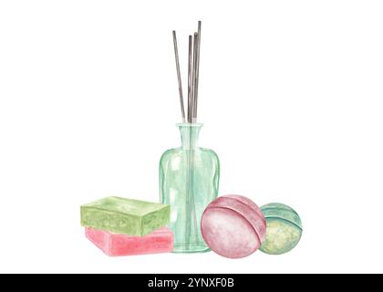 Diffuseur Reed avec bâtons parfumés, bombe de bain verte, rose et barres de savon illustration aquarelle. Vaporisateur avec huile essentielle de parfum biologique Banque D'Images