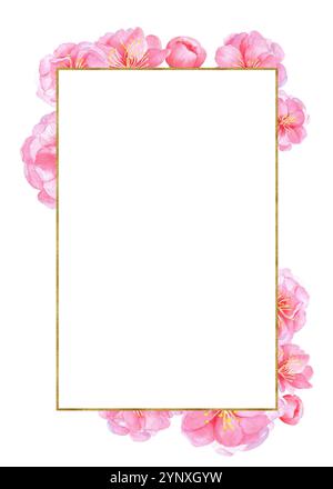 Carte postale prête à l'emploi avec cadre doré vertical et fleurs de Sakura roses. Invitation, mise en page du dépliant. Illustration d'aquarelle dessinée à la main. Banque D'Images