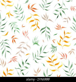 Abstrait simple aquarelle motif sans couture de branches de feuilles volantes. Feuilles vertes, oranges, roses ornées. Illustration florale colorée pour textile de cuisine Banque D'Images