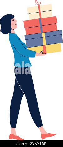 Une femme tient une pile de boîtes. Les boîtes sont de différentes couleurs et tailles. La femme sourit alors qu'elle porte les boîtes. Concept d'accomplir Illustration de Vecteur