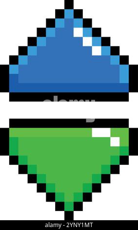 Deux boutons bleus et verts sont affichés dans un style pixélisé. Le joyau bleu est à gauche et le joyau vert est à droite Illustration de Vecteur