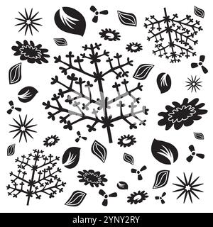 Feuilles fleurs et feuillage motif - illustration dessinée à la main - nature en été - vecteur de couleurs noir et blanc Illustration de Vecteur