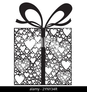Boîte cadeau faite de motif et ruban de plusieurs coeurs en noir et blanc Illustration de Vecteur