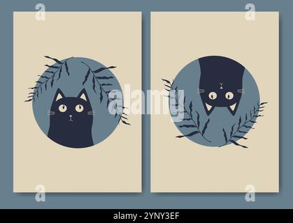 Illustration boho esthétique des chats noirs. Jeu de modèle mignon 2d Kitty domestique. Cat Life concept, vecteur compris Décoration murale bohémienne. Mid Century Modern minimal Illustration de Vecteur