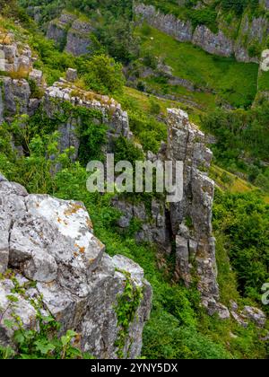 Vue sur les falaises de calcaire du carbonifère à Cheddar gorge une attraction touristique dans les collines de Mendip dans le Somerset sud-ouest de l'Angleterre Royaume-Uni Banque D'Images