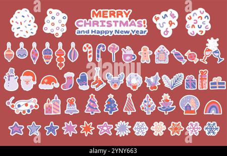 Ensemble d'autocollants de Noël, éléments du nouvel an et icônes de vacances d'hiver sur fond rouge Illustration de Vecteur