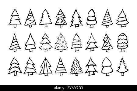 Arbres de Noël dessinés à la main. Ensemble de seize illustrations croisées monochromes de FIRS. Éléments de gribouillage pour les vacances d'hiver. Illustration vectorielle Illustration de Vecteur