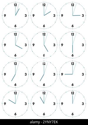 Un ensemble d'horloges mécaniques avec une image de chacune des douze heures. Cadran d'horloge sur fond blanc. Illustration de Vecteur