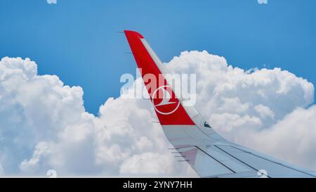 Istanbul, Turquie - 15 novembre 2024 : avion Turkish Airlines avec son emblématique logo rouge sur l'aile, volant au-dessus d'un nuage lors d'un voyage international. Banque D'Images