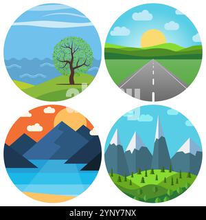 Ensemble de quatre paysages de dessin animé vectoriel différents en cercle. Paysage naturel dans le style plat. Illustration de Vecteur