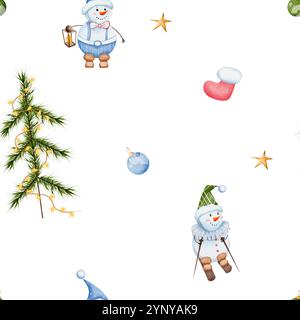 Motif sans couture de Noël avec bonhommes de neige mignons et arbre de Noël. Personnages de vacances d'hiver à l'aquarelle dessinés à la main. Arrière-plan pour la conception et l'impression Banque D'Images