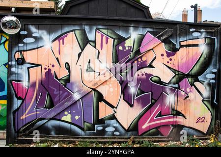 Graffiti labyrinthe marqué sur une clôture sur Alex Faulkner Lane à Etobicoke, Toronto, Ontario, Canada Banque D'Images