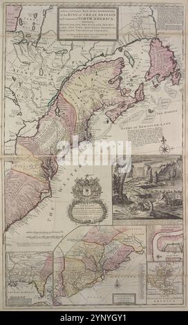 Une carte nouvelle et exacte des dominions du roi de Grande-Bretagne sur le continent nord-américain : contenant Terre-Neuve, Nouvelle-Écosse, Nouvelle-Angleterre, New York, New Jersey, Pensilvania, Maryland, Virginie et Caroline 1731 par Moll, Herman, -1732 Banque D'Images