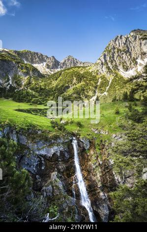 Cascade et lac Gaisalpsee avec montagne Rubihorn près d'Oberstdorf dans les Alpes Allgaeu Banque D'Images