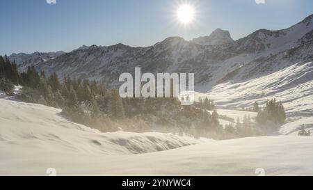 Vue sur la vallée du Kleinwalsertal en hiver avec neige fraîche et ciel bleu. Autriche Alpes Allgaeu Banque D'Images