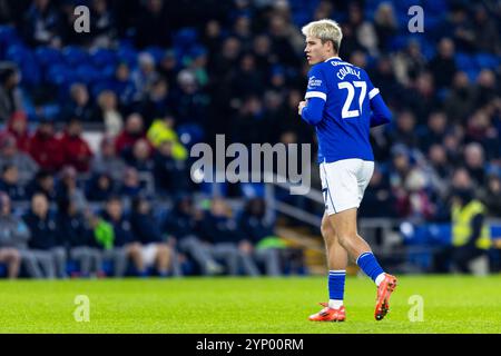 Cardiff, Royaume-Uni. 27 novembre 2024. Rubin Colwill de Cardiff City en action. EFL Skybet championnat match, Cardiff City contre Queens Park Rangers au Cardiff City Stadium à Cardiff, pays de Galles, mercredi 27 novembre 2024. Cette image ne peut être utilisée qu'à des fins éditoriales. Usage éditorial exclusif, photo de Lewis Mitchell/Andrew Orchard photographie sportive/Alamy Live News crédit : Andrew Orchard photographie sportive/Alamy Live News Banque D'Images