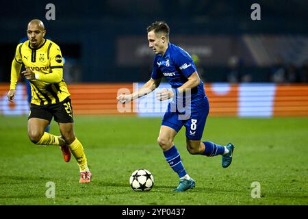 Zagreb, Croatie. 27 novembre 2024. Lukas Kacavenda du Dinamo Zagreb en action lors du match MD5 de la phase de la Ligue des champions 2024/25 de l'UEFA entre le GNK Dinamo Zagreb et le Borussia Dortmund au stade Maksimir le 27 novembre 2024 à Zagreb, Croatie. Photo : Marko Lukunic/PIXSELL crédit : Pixsell/Alamy Live News Banque D'Images