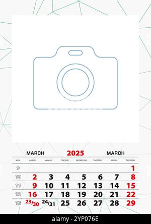 Modèle de planificateur de calendrier mural pour le 2025 mars, la semaine commence le dimanche. Illustration vectorielle. Illustration de Vecteur