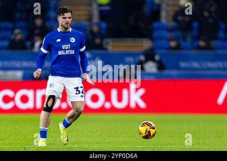 Cardiff, Royaume-Uni. 27 novembre 2024. Ollie Tanner de Cardiff City en action. EFL Skybet championnat match, Cardiff City contre Queens Park Rangers au Cardiff City Stadium à Cardiff, pays de Galles, mercredi 27 novembre 2024. Cette image ne peut être utilisée qu'à des fins éditoriales. Usage éditorial exclusif, photo de Lewis Mitchell/Andrew Orchard photographie sportive/Alamy Live News crédit : Andrew Orchard photographie sportive/Alamy Live News Banque D'Images