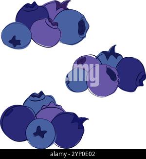 Ensemble de lignes graphiques bleuets frais. Myrtilles bleues en composition de cinq baies. Myrtilles de tourbière mûres, composition des myrtilles de tourbière. vecteur il Illustration de Vecteur