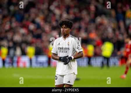 Liverpool, Royaume-Uni. 27 novembre 2024. Endrick du Real Madrid après un match entre Liverpool et le Real Madrid dans le cadre de l'UEFA Champions League au stade Anfield le 27 novembre 2024 à Liverpool, Englandl. (Richard Callis/SPP) crédit : photo de presse sportive SPP. /Alamy Live News Banque D'Images