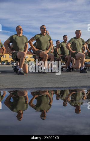 Les New U.S. Marines avec Golf Company, 2nd Recruit Training Battalion, mènent des échauffements dynamiques avant la course de motivation de la compagnie au Marine corps Recruit Depot San Diego, Californie, 25 novembre 2024. La course de motivation de la compagnie est une course de cadence de trois miles menée autour du dépôt, le dernier événement d'entraînement physique que les Marines organiseront avant qu'ils ne soient diplômés du MCRD San Diego et la première fois que leurs amis et familles verront leurs Marines américains nouvellement transformés. (Photo du corps des Marines des États-Unis par le caporal Alexandra M. Earl) Banque D'Images