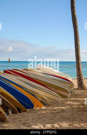 Plan vertical de plusieurs planches de surf exposées sur un rack sur une plage à Hawaï Banque D'Images