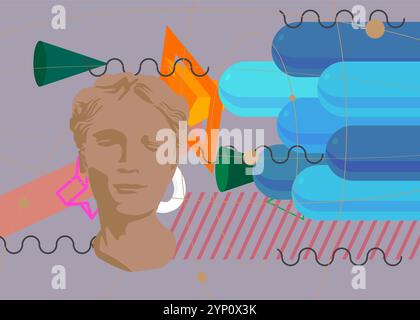 Tête Statue graphique géométrique arrière-plan de thème rétro. Éléments géométriques minimaux. Illustration vectorielle de formes abstraites vintage. Illustration de Vecteur