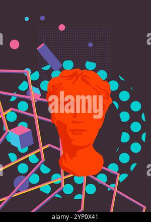 Tête Statue graphique géométrique arrière-plan de thème rétro. Éléments géométriques minimaux. Illustration vectorielle de formes abstraites vintage. Illustration de Vecteur