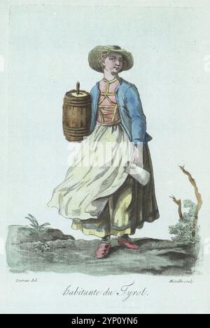 Costume d'une paysanne du Tyrol (Autriche et Italie). Femme de ménage laitière dans un chapeau de paille sur cheveux tressés, veste courte, corsage lacé, jupes brodées, tablier et chaussures. Elle tient un pot à lait et un barbotin de beurre. Habitante du Tyrol. Gravé par Jean-Marie Mixelle d'après un dessin de Claude-Louis Desrais. Gravure sur cuivre colorée à la main d’après une illustration de Jacques Grasset de Saint-Sauveur tirée des costumes civils actuels de tous les peuples connus, dessines d’apres nature, costumes civils actuels de tous les peuples connus, tirés de la nature, chez Pavard, Paris, 1788. Banque D'Images