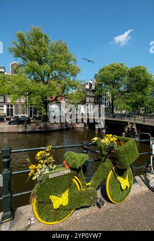 09.08.2024, pays-Bas, Hollande du Nord, Amsterdam - vélos dans la ceinture du canal, un à l'avant décoré de gazon artificiel et de fleurs en plastique. 00A2 Banque D'Images