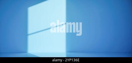 Intérieur bleu minimaliste avec lumière naturelle douce sur les murs et le sol, créant un espace paisible. fond vide pour le placement du produit, la conception, a Banque D'Images