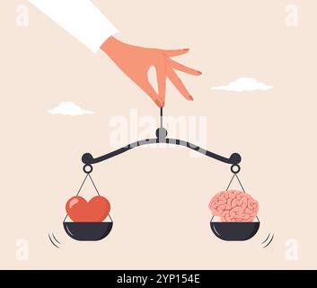 Équilibre entre le cerveau et le cœur. Concept de santé mentale et physique. Main féminine comparant la pensée logique et l'émotion sur des échelles. Illustration vectorielle Illustration de Vecteur