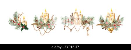 Bougies brûlant dans des branches de sapin avec des pommes de pin, du caramel, de la cannelle, des plumes, des cloches bleues et des baies ensemble illustration aquarelle. Plantes pour l'hiver Chr Banque D'Images