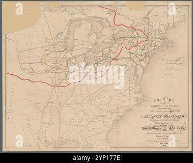 Carte des différents canaux pour acheminer le commerce du nord-ouest au bord de la mer Atlantique, montrant les affluents et le drainage du commerce dans chacun et l'effet de l'élargissement du canal Érié : illustrant la position prise par William J. McAlpine, C.E., dans son rapport annuel en tant qu'ingénieur d'État et arpenteur de l'État de New York, 1853 1853 par Vaughan, David, actif 1849-1864 Banque D'Images