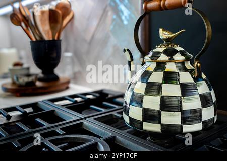 Une nature morte d'une théière, ornée d'un oiseau doré sur son couvercle et d'un manche en bois, se trouve bien en vue sur une cuisinière, dégageant un sentiment de charme. Banque D'Images