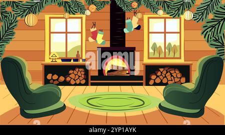 Intérieur de cabine confortable cheminée de Noël scène bas tons chauds branches de pin fauteuils bois bûches décor festif Illustration de Vecteur