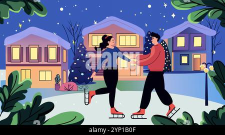 Couple patin à glace scène hivernale abrite arbres ciel nocturne lumières festives Illustration de Vecteur