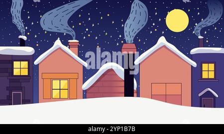 Scène de village nocturne d'hiver avec des toits enneigés et des cheminées émettant de la fumée sous un ciel étoilé avec une pleine lune. Maisons confortables avec fenêtres éclairées Illustration de Vecteur